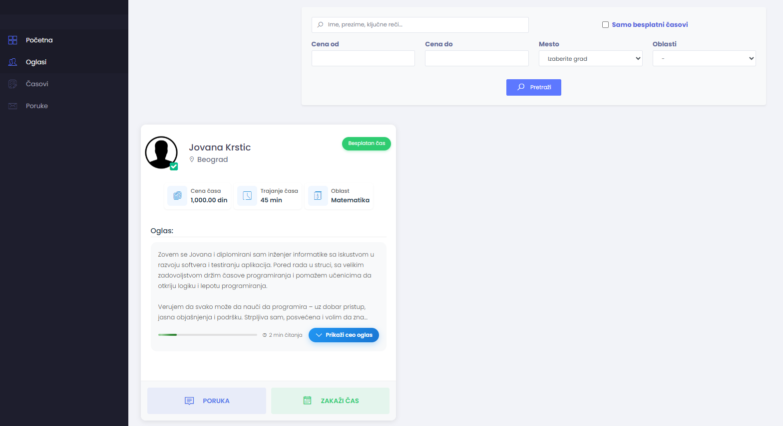 Oglasi na učenikovom dashboardu
